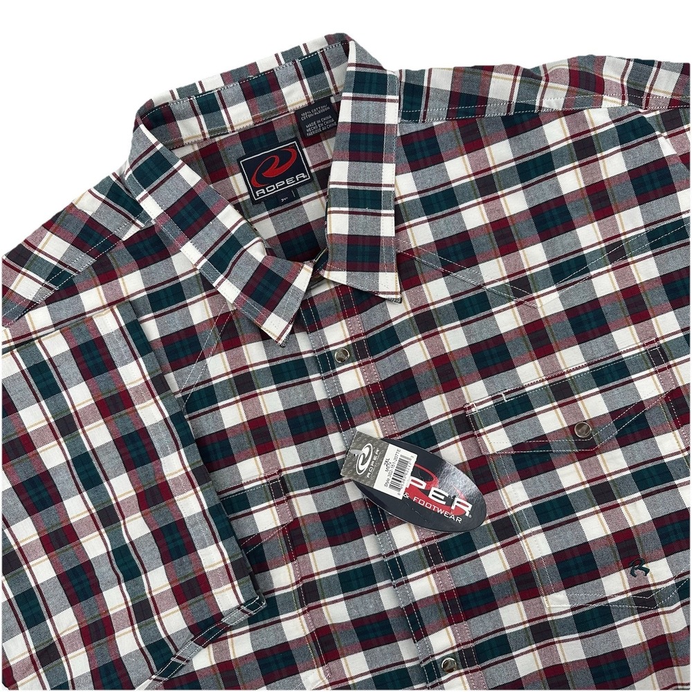 NEW Roper Mens Shirt 2XL Green Short Sleeve Plaid Pearl Snaps Cotton Western